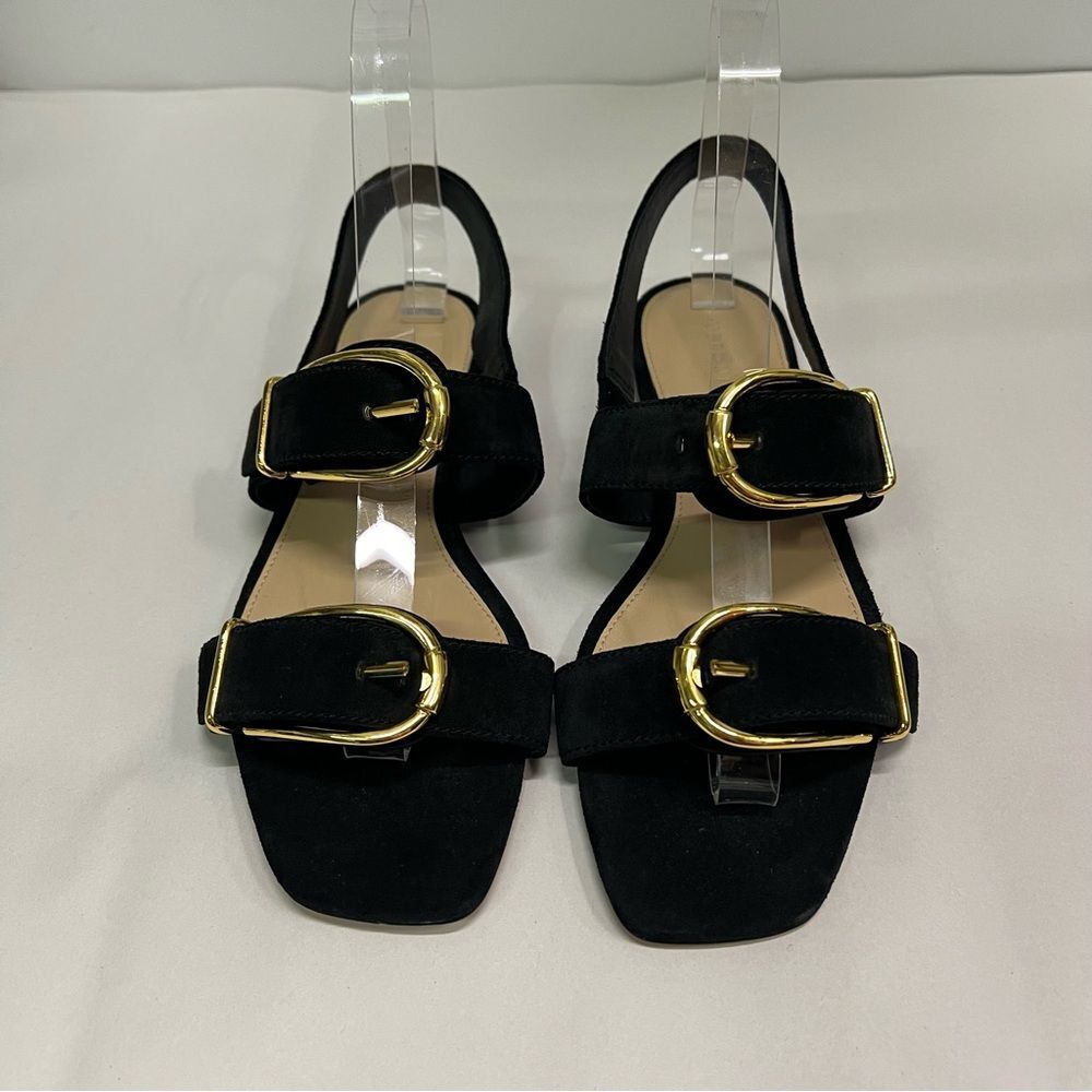 Veronica Beard Black Suede Slingback Sandals with Gold Buckles